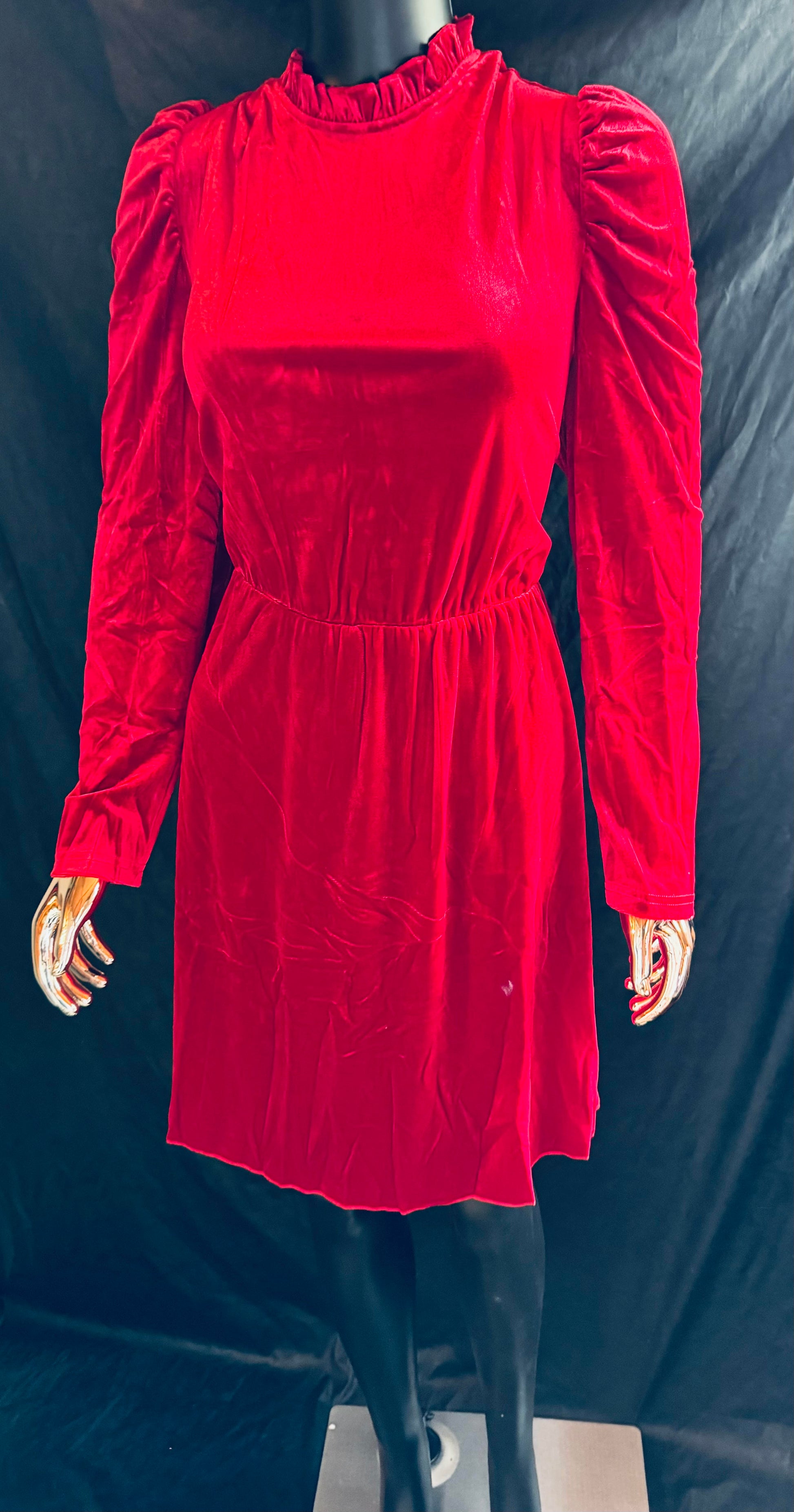 Dahlia Red Long-sleeved Velvet Dress Short My Store Dahlia Red Long-sleeved Velvet Dress Short My Store